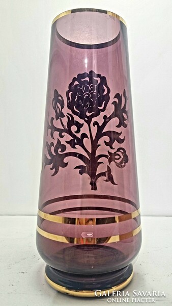 Rózsaszín üveg váza arany rózsa díszítéssel - 50127