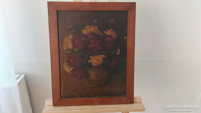 (K) signed flower still life painting with frame 41x51 cm