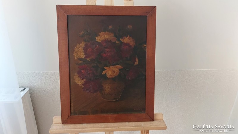 (K) signed flower still life painting with frame 41x51 cm