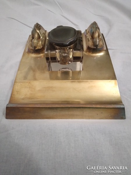 Marked art deco bronze desk set: inkstand, tapper, paperweight, pair of candlesticks