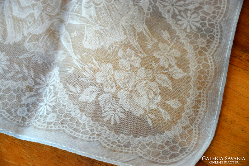 Antique old scene handkerchief fringed accessory