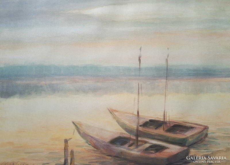 Two boats on the Balaton - signed watercolor