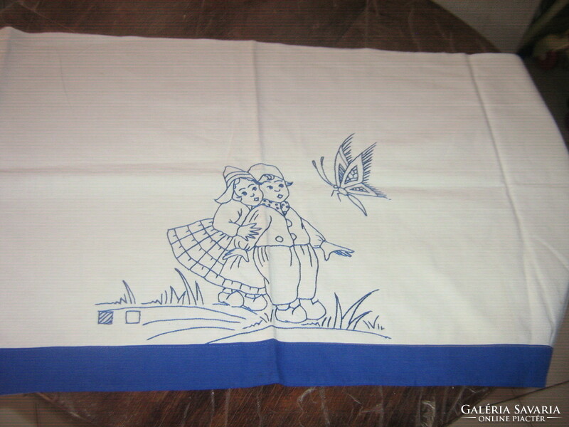 Beautiful blue folk motif special tablecloth, hand towel, wall protector, 3-piece set