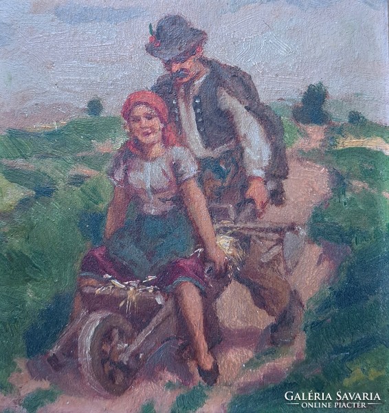 Wheelbarrow - cheerful peasant life - oil painting with frame, earthy sign