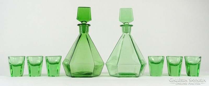 1N613 Régi zöld art deco likőrös üveg pálinkás készlet