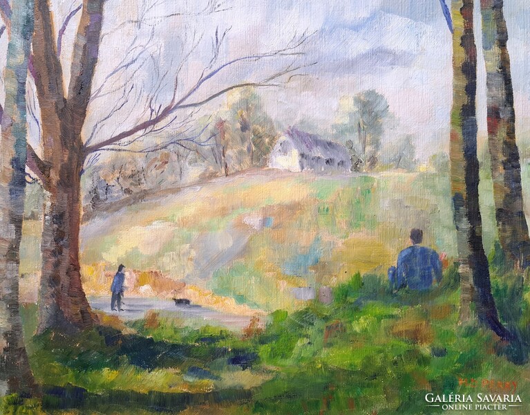 A fák árnyékában - nyári életkép (tempera) - nyugalmat árasztó festmény - D. Perry jelzéssel