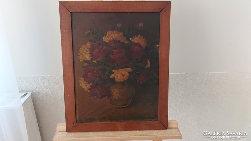 (K) Szignózott virágcsendélet festmény  41x51 cm kerettel