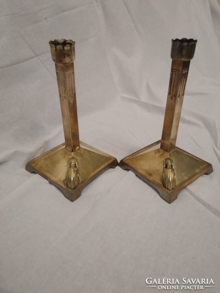 Marked art deco bronze desk set: inkstand, tapper, paperweight, pair of candlesticks