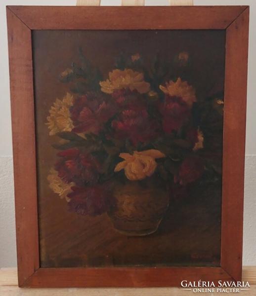 (K) signed flower still life painting with frame 41x51 cm