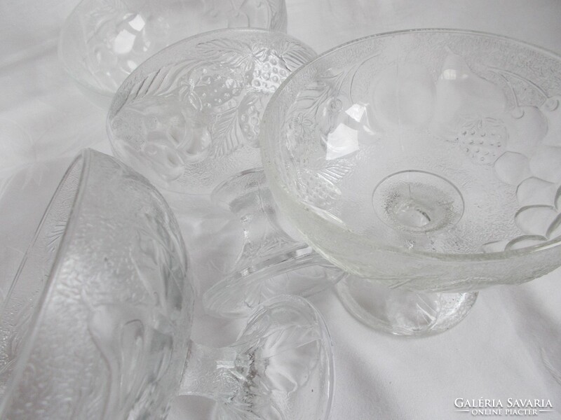 Gyümölcs mintás üveg fagylaltos kehely,fagyis talpas pohár,mogyoró kínáló tál 4db