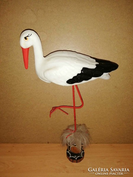 Retro plastic stork figure, on metal legs, wooden base - 56 cm high