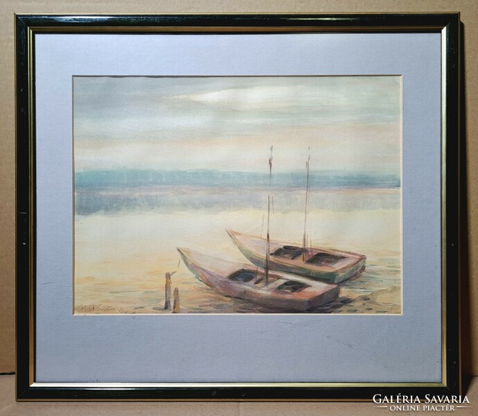 Two boats on the Balaton - signed watercolor