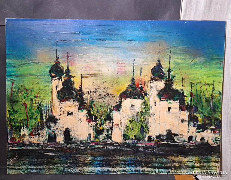 Oil painting of a city with a pine sign, perhaps Ukrainian or Russian buildings?