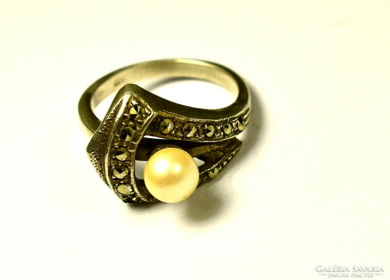 Old decorative silver ring with pearls and marcasite