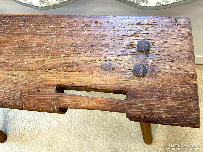 Hand-carved folk loca, old 100-year-old bench, peasant furniture, antique, retro