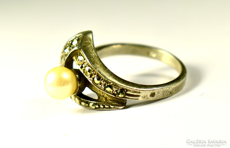 Old decorative silver ring with pearls and marcasite