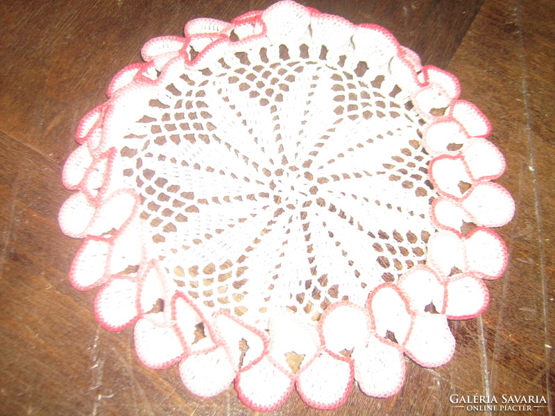 Dreamy antique vintage style white hand crocheted round starched lace tablecloth