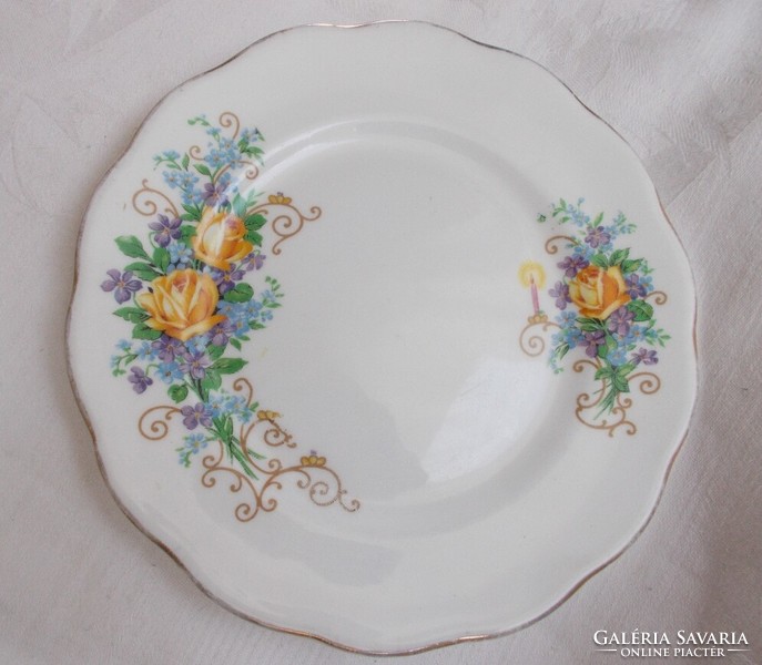 Gold-plated English yellow rose, forget-me-not, violet cake and dessert plate 2 pcs (queen anne)