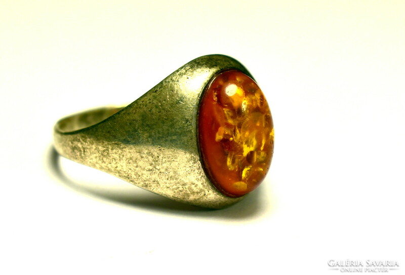 Art deco polished amber stone silver ring!