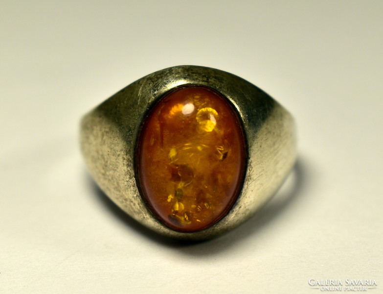 Art deco polished amber stone silver ring!