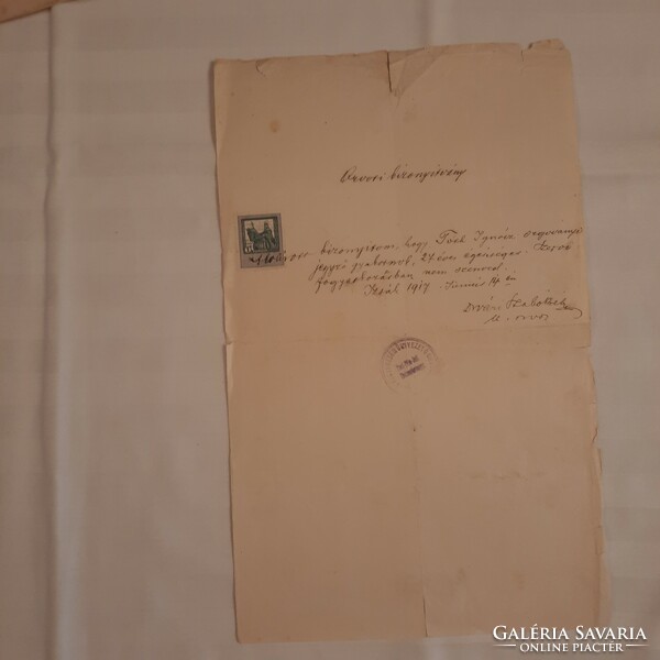 Izsák nagyközség ügyvezető orvosa által kiállított orvosi bizonyítvány  1917.