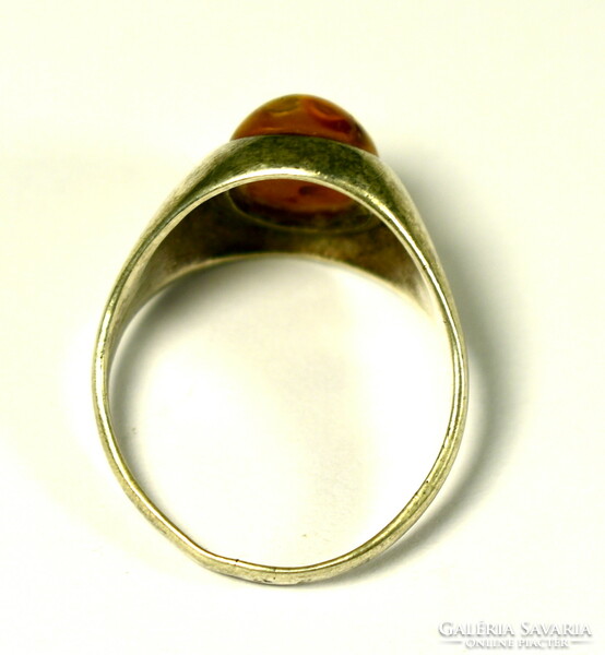 Art deco polished amber stone silver ring!