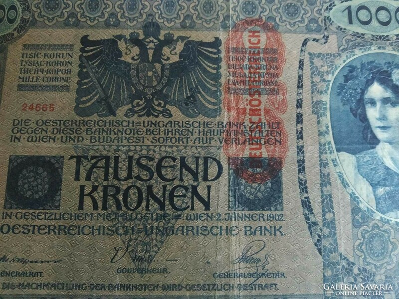 1000 Korona, stamped on top: deutschösterreich, 1902