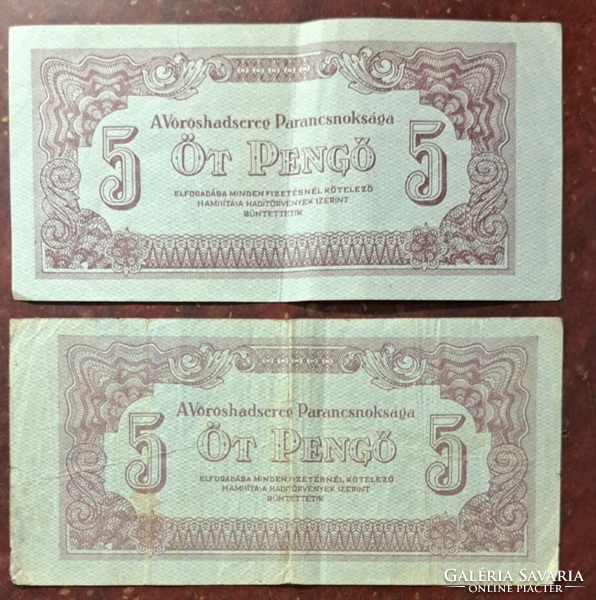 2 darab Vöröshadsereg Parancsnoksága (1944 ) 5 Pengő bankjegy 1944