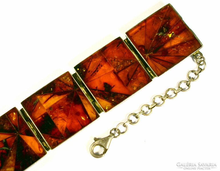 Art deco mosaic amber stone silver bracelet with real insect clasp !!!
