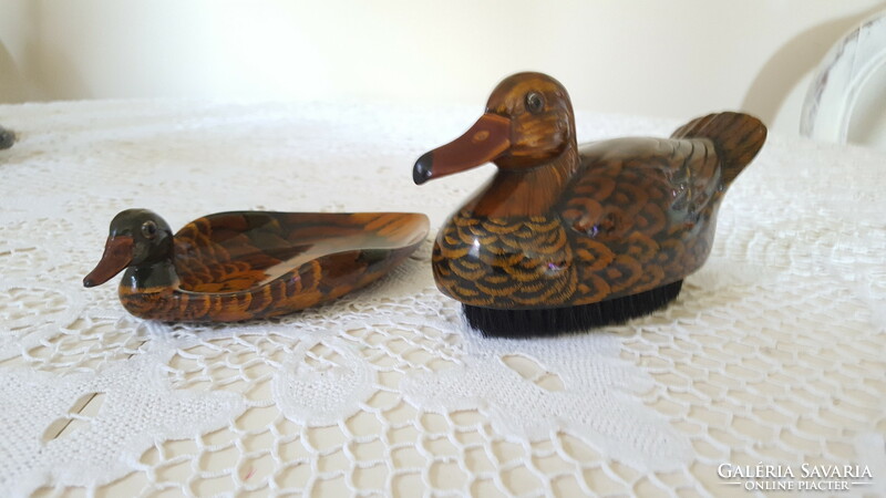 Vintage wooden duck bowl, tray and clothes brush