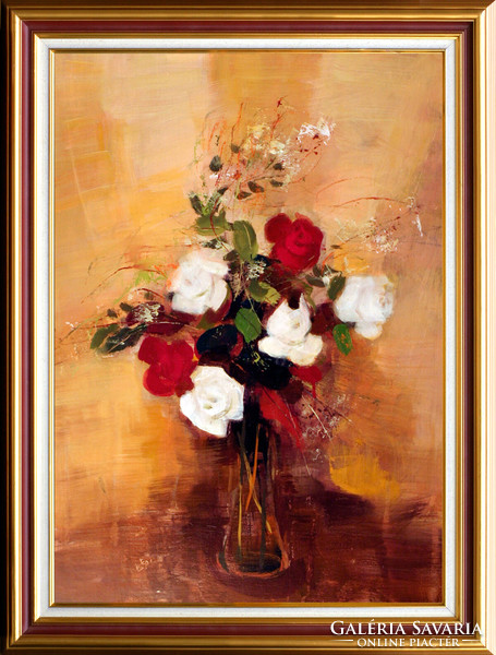 Balogh Ervin: Színes rózsák - keretezve 80x60cm - alkotás: 70x50cm - 166/1507