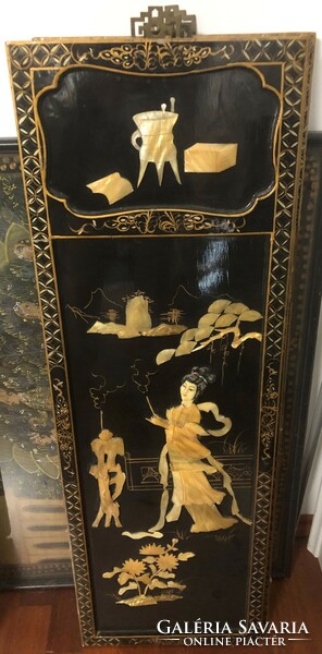 Four Chinese, Asian, Oriental images lacquered wood lacquered wood with mother-of-pearl appliqués, hand painting
