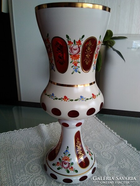 Czech bieder goblet vase is multi-layered peeled glass with a hand-painted pattern.