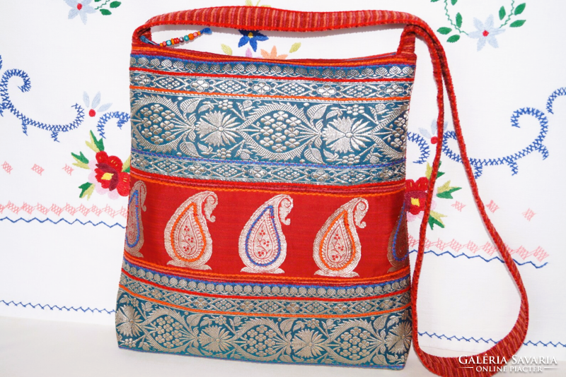 Blue, silver, red, Indian wedding sari, red striped, medium-sized women's shoulder bag