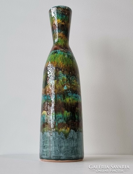 Retro applied art ceramic floor vase 45 cm - extra colorful, glossy glaze