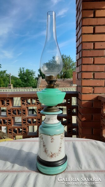 Special porcelain and chalcedony glass antique table oil lamp, probably rapeseed oil, after 1860