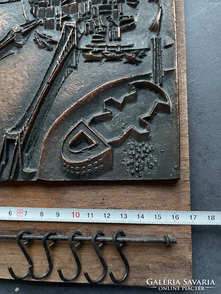 Winter fair! Work of applied art, Budapest bronze plaque, wall key holder, 15 x 12 cm
