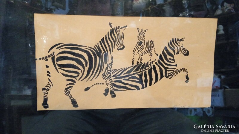 Zebras, from 1941, signed, 17 x 38 cm ink drawing, on paper, plus frame.