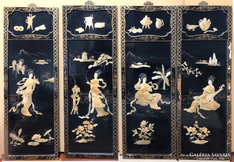 Four Chinese, Asian, Oriental images lacquered wood lacquered wood with mother-of-pearl appliqués, hand painting