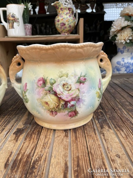 Antique earthenware pot with a large flower pattern