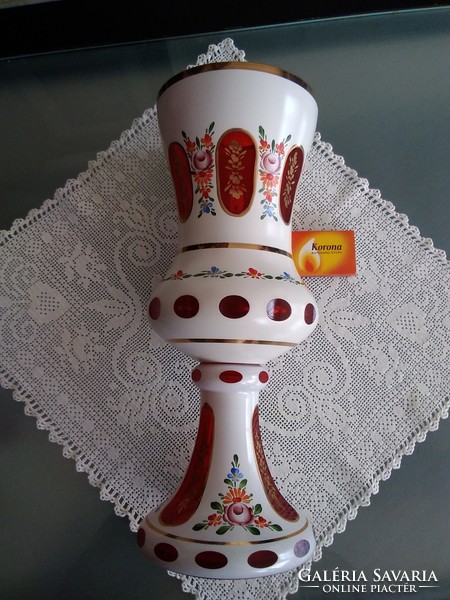 Czech bieder goblet vase is multi-layered peeled glass with a hand-painted pattern.