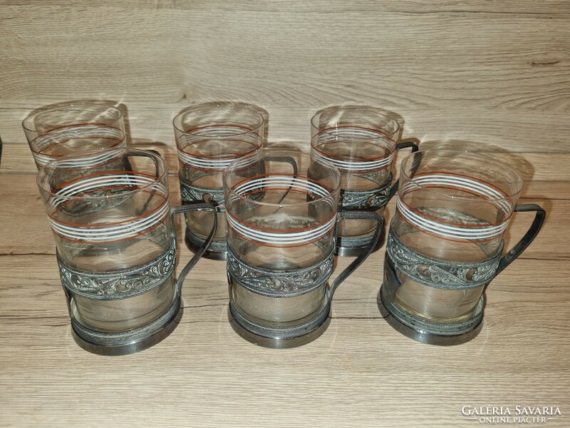 Silver-plated, marked cup holders with glasses