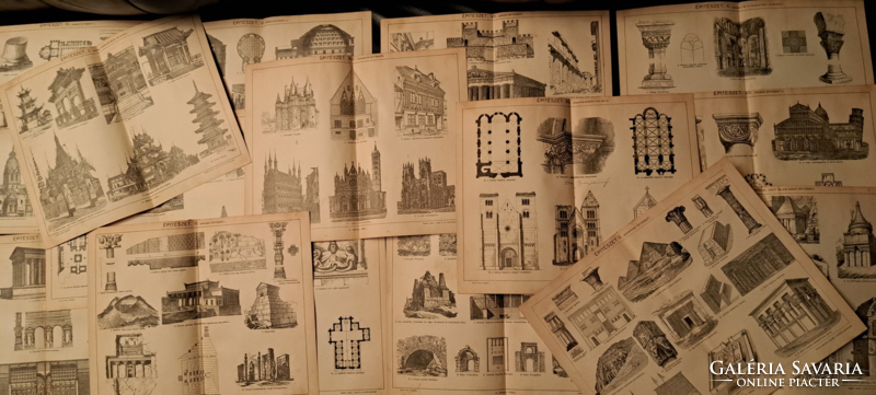 "Építészet "15 darab  melléklet a Pallas lexikonból cca 1900