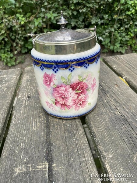 Antique English faience lidded holder with pink floral pattern