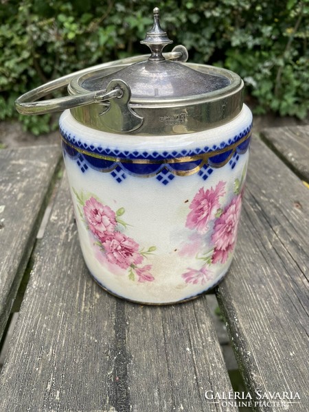 Antique English faience lidded holder with pink floral pattern