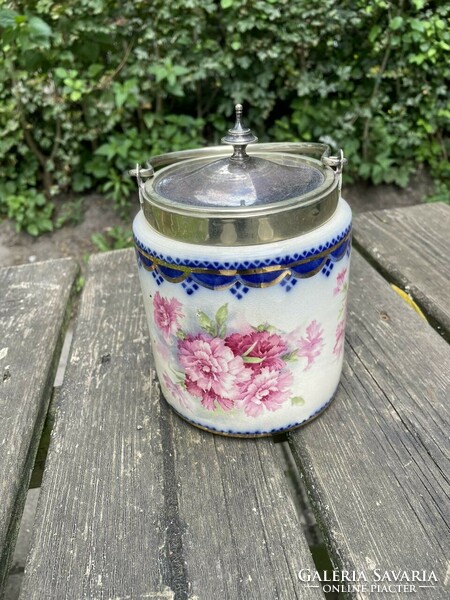 Antique English faience lidded holder with pink floral pattern