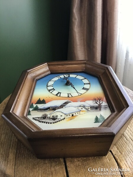 Junghans quartz wooden frame wall clock with interior glass painting