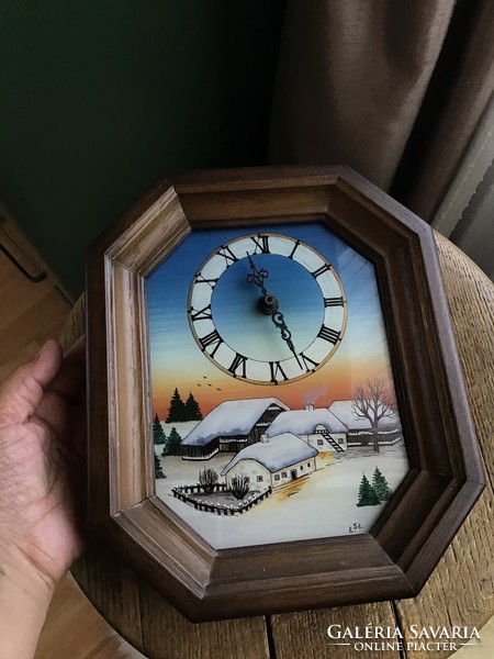 Junghans quartz wooden frame wall clock with interior glass painting