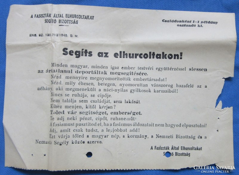 Röpcédula 1945 period document committee to help those abducted by fascists, help those abducted.