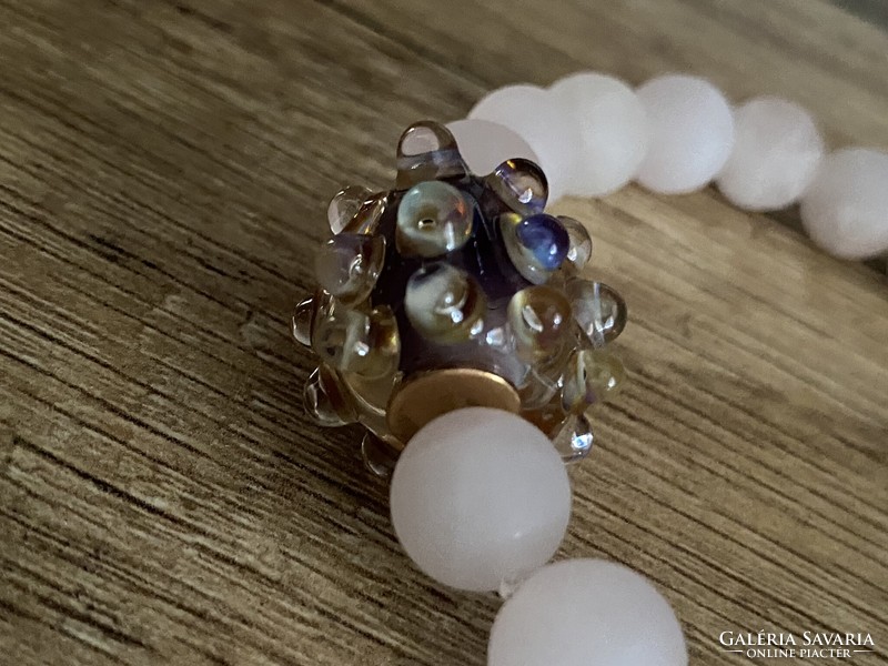 Matt rose quartz bead with handmade glass sliding pendant with two rose spacers